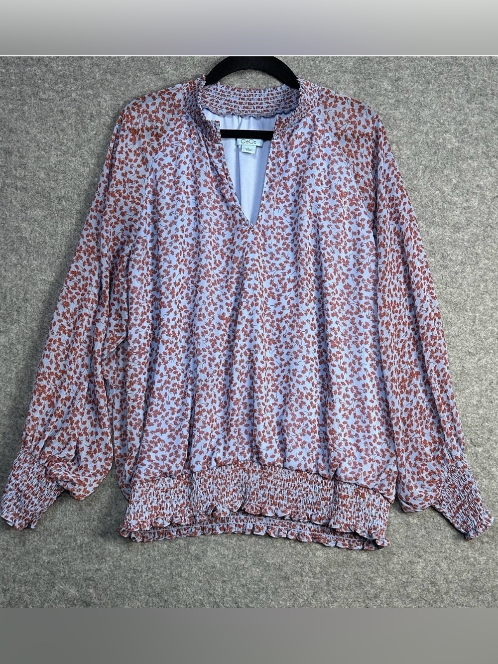 CeCe L Blue/Red Floral Smocked Blouse Cottagecore Peasant-Boho Business-Casual